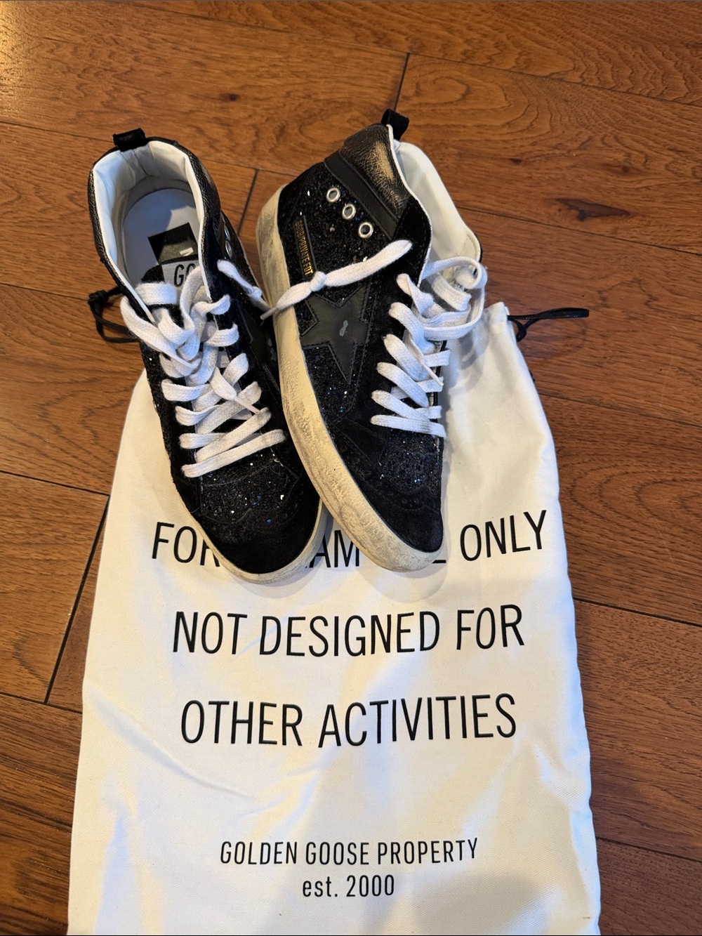 Authentic Golden Goose Black Glitter Low-Top Sneakers with White Laces